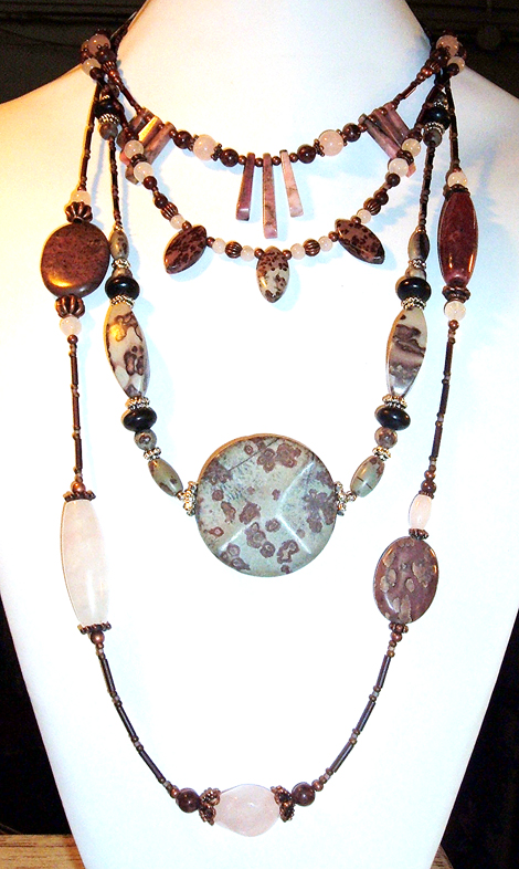 Rhodonite, crazy horse, and rose quartz necklace set 3056 150